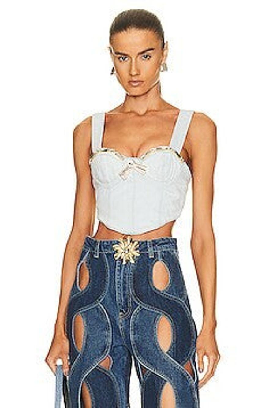 Area Crystal Trim Denim Bustier Top - 6